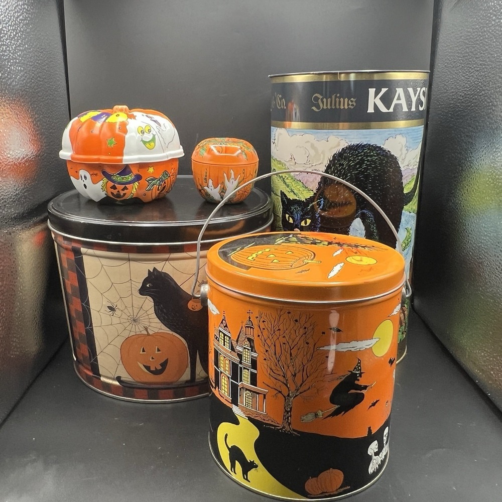 Vintage HALLOWEEN Tins Cans Containers Pumpkin Black CAT Witch w Lids ~ LOT of 5